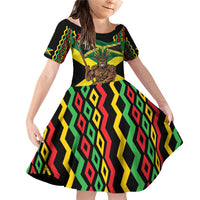 Jamaica Warrior Spirit Family Matching Off Shoulder Short Dress and Hawaiian Shirt Tribal Fighter in Reggae Colors - Wonder Print Shop