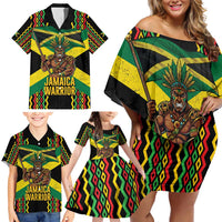 Jamaica Warrior Spirit Family Matching Off Shoulder Short Dress and Hawaiian Shirt Tribal Fighter in Reggae Colors - Wonder Print Shop