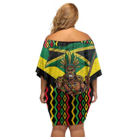 Jamaica Warrior Spirit Family Matching Off Shoulder Short Dress and Hawaiian Shirt Tribal Fighter in Reggae Colors - Wonder Print Shop