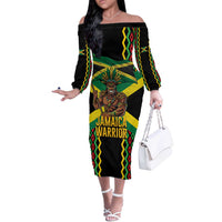 Jamaica Warrior Spirit Off The Shoulder Long Sleeve Dress Tribal Fighter in Reggae Colors - Wonder Print Shop