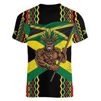 Jamaica Warrior Spirit Women V-Neck T-Shirt Tribal Fighter in Reggae Colors - Wonder Print Shop