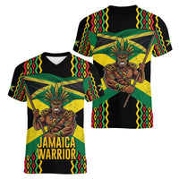 Jamaica Warrior Spirit Women V-Neck T-Shirt Tribal Fighter in Reggae Colors - Wonder Print Shop