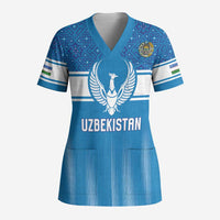 Custom World Football 2026 Uzbekistan Scrub Top Uzbek Ikat Pattern with Humo Bird - Wonder Print Shop