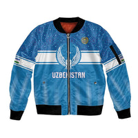 Custom World Football 2026 Uzbekistan Sleeve Zip Bomber Jacket Uzbek Ikat Pattern with Humo Bird - Wonder Print Shop
