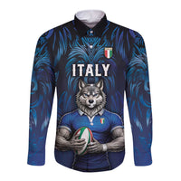Custom Rugby Italy Long Sleeve Button Shirt Azzurri Wolf Mascot Design