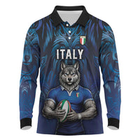 Custom Rugby Italy Long Sleeve Polo Shirt Azzurri Wolf Mascot Design