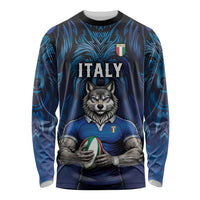 Custom Rugby Italy Long Sleeve Shirt Azzurri Wolf Mascot Design