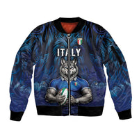Custom Rugby Italy Sleeve Zip Bomber Jacket Azzurri Wolf Mascot Design