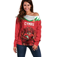 Custom Rugby Wales Off Shoulder Sweater Y Ddraig Goch Mascot Design