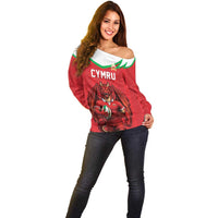 Custom Rugby Wales Off Shoulder Sweater Y Ddraig Goch Mascot Design