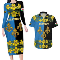 Personalized Monmouthshire Wales Couples Matching Long Sleeve Bodycon Dress and Hawaiian Shirt Sir Fynwy Flag With Welsh Daffodil - Wonder Print Shop