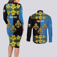 Personalized Monmouthshire Wales Couples Matching Long Sleeve Bodycon Dress and Long Sleeve Button Shirt Sir Fynwy Flag With Welsh Daffodil - Wonder Print Shop