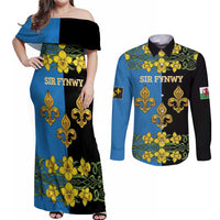 Personalized Monmouthshire Wales Couples Matching Off Shoulder Maxi Dress and Long Sleeve Button Shirt Sir Fynwy Flag With Welsh Daffodil - Wonder Print Shop
