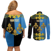 Personalized Monmouthshire Wales Couples Matching Off Shoulder Short Dress and Long Sleeve Button Shirt Sir Fynwy Flag With Welsh Daffodil - Wonder Print Shop