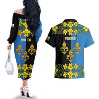 Personalized Monmouthshire Wales Couples Matching Off The Shoulder Long Sleeve Dress and Hawaiian Shirt Sir Fynwy Flag With Welsh Daffodil - Wonder Print Shop