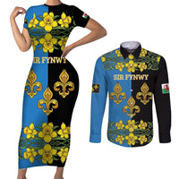 Personalized Monmouthshire Wales Couples Matching Short Sleeve Bodycon Dress and Long Sleeve Button Shirt Sir Fynwy Flag With Welsh Daffodil - Wonder Print Shop