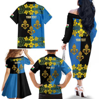 Personalized Monmouthshire Wales Family Matching Off The Shoulder Long Sleeve Dress and Hawaiian Shirt Sir Fynwy Flag With Welsh Daffodil - Wonder Print Shop