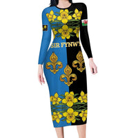 Personalized Monmouthshire Wales Long Sleeve Bodycon Dress Sir Fynwy Flag With Welsh Daffodil - Wonder Print Shop