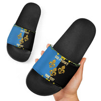 Personalized Monmouthshire Wales Slide Sandals Sir Fynwy Flag With Welsh Daffodil - Wonder Print Shop
