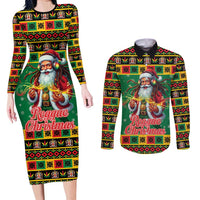 Jamaica Christmas Couples Matching Long Sleeve Bodycon Dress and Long Sleeve Button Shirt Reggae Santa with Dreadlocks Design - Wonder Print Shop
