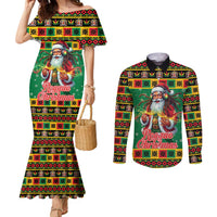 Jamaica Christmas Couples Matching Mermaid Dress and Long Sleeve Button Shirt Reggae Santa with Dreadlocks Design - Wonder Print Shop