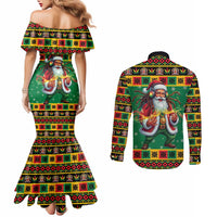 Jamaica Christmas Couples Matching Mermaid Dress and Long Sleeve Button Shirt Reggae Santa with Dreadlocks Design - Wonder Print Shop