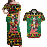 Jamaica Christmas Couples Matching Off Shoulder Maxi Dress and Hawaiian Shirt Reggae Santa with Dreadlocks Design - Wonder Print Shop