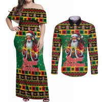 Jamaica Christmas Couples Matching Off Shoulder Maxi Dress and Long Sleeve Button Shirt Reggae Santa with Dreadlocks Design - Wonder Print Shop