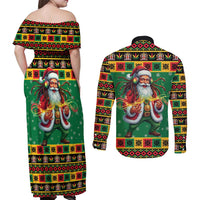 Jamaica Christmas Couples Matching Off Shoulder Maxi Dress and Long Sleeve Button Shirt Reggae Santa with Dreadlocks Design - Wonder Print Shop