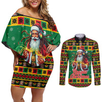Jamaica Christmas Couples Matching Off Shoulder Short Dress and Long Sleeve Button Shirt Reggae Santa with Dreadlocks Design - Wonder Print Shop