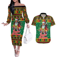 Jamaica Christmas Couples Matching Off The Shoulder Long Sleeve Dress and Hawaiian Shirt Reggae Santa with Dreadlocks Design - Wonder Print Shop