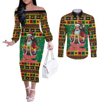 Jamaica Christmas Couples Matching Off The Shoulder Long Sleeve Dress and Long Sleeve Button Shirt Reggae Santa with Dreadlocks Design - Wonder Print Shop