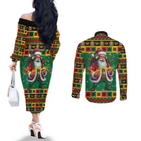 Jamaica Christmas Couples Matching Off The Shoulder Long Sleeve Dress and Long Sleeve Button Shirt Reggae Santa with Dreadlocks Design - Wonder Print Shop
