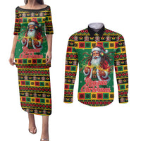 Jamaica Christmas Couples Matching Puletasi and Long Sleeve Button Shirt Reggae Santa with Dreadlocks Design - Wonder Print Shop