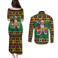Jamaica Christmas Couples Matching Puletasi and Long Sleeve Button Shirt Reggae Santa with Dreadlocks Design - Wonder Print Shop