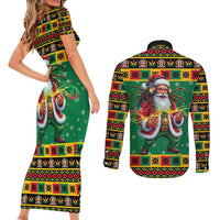 Jamaica Christmas Couples Matching Short Sleeve Bodycon Dress and Long Sleeve Button Shirt Reggae Santa with Dreadlocks Design - Wonder Print Shop