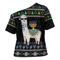 Happy Hanukkah Llama Cross Shoulder Shirt Funny Menorah for Jewish Holiday - Wonder Print Shop