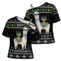 Happy Hanukkah Llama Cross Shoulder Shirt Funny Menorah for Jewish Holiday - Wonder Print Shop