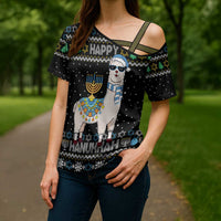 Happy Hanukkah Llama Cross Shoulder Shirt Funny Menorah for Jewish Holiday - Wonder Print Shop