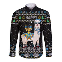 Happy Hanukkah Llama Long Sleeve Button Shirt Funny Menorah for Jewish Holiday - Wonder Print Shop