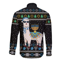 Happy Hanukkah Llama Long Sleeve Button Shirt Funny Menorah for Jewish Holiday - Wonder Print Shop