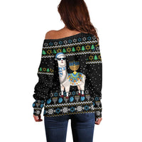 Happy Hanukkah Llama Off Shoulder Sweater Funny Menorah for Jewish Holiday - Wonder Print Shop