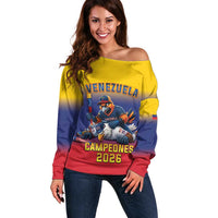 Custom Venezuela Baseball Campeones 2026 Off Shoulder Sweater Turpial Mascot Champion Pride