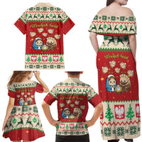 Poland Christmas Family Matching Off Shoulder Maxi Dress and Hawaiian Shirt Polish Pierogi Mascot Nativity Scene - Wonder Print Shop