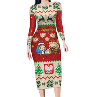 Poland Christmas Long Sleeve Bodycon Dress Polish Pierogi Mascot Nativity Scene - Wonder Print Shop