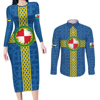 Pembrokeshire Wales Couples Matching Long Sleeve Bodycon Dress and Long Sleeve Button Shirt Flag And Map Celtic Style - Wonder Print Shop