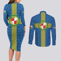 Pembrokeshire Wales Couples Matching Long Sleeve Bodycon Dress and Long Sleeve Button Shirt Flag And Map Celtic Style - Wonder Print Shop