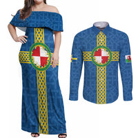 Pembrokeshire Wales Couples Matching Off Shoulder Maxi Dress and Long Sleeve Button Shirt Flag And Map Celtic Style - Wonder Print Shop