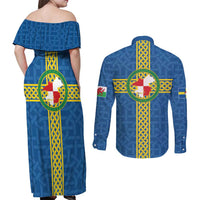 Pembrokeshire Wales Couples Matching Off Shoulder Maxi Dress and Long Sleeve Button Shirt Flag And Map Celtic Style - Wonder Print Shop
