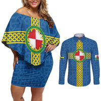Pembrokeshire Wales Couples Matching Off Shoulder Short Dress and Long Sleeve Button Shirt Flag And Map Celtic Style - Wonder Print Shop